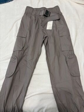 Women's Gray Cargo Pants with Belted Elastic Waist